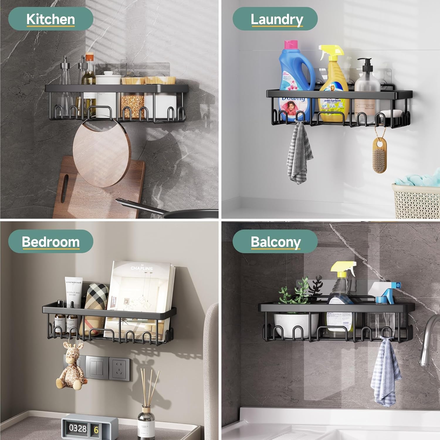 Stainless Steel Shower Caddy 6-Pack, No Drilling & Rustproof, Waterproof Adhesive Shelves Rack with Soap Holder, Large Capacity Bathroom Organizers and Storage, Wall-Mounted Kitchen & Home Decor