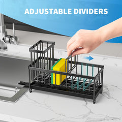 Black Sponge Holder for Kitchen Sink, Sink Caddy Organizer with High Brush Holder, Kitchen Countertop Organizers and Storage Essentials, Rustproof 304 Stainless Steel, Soap Dispenser Organize