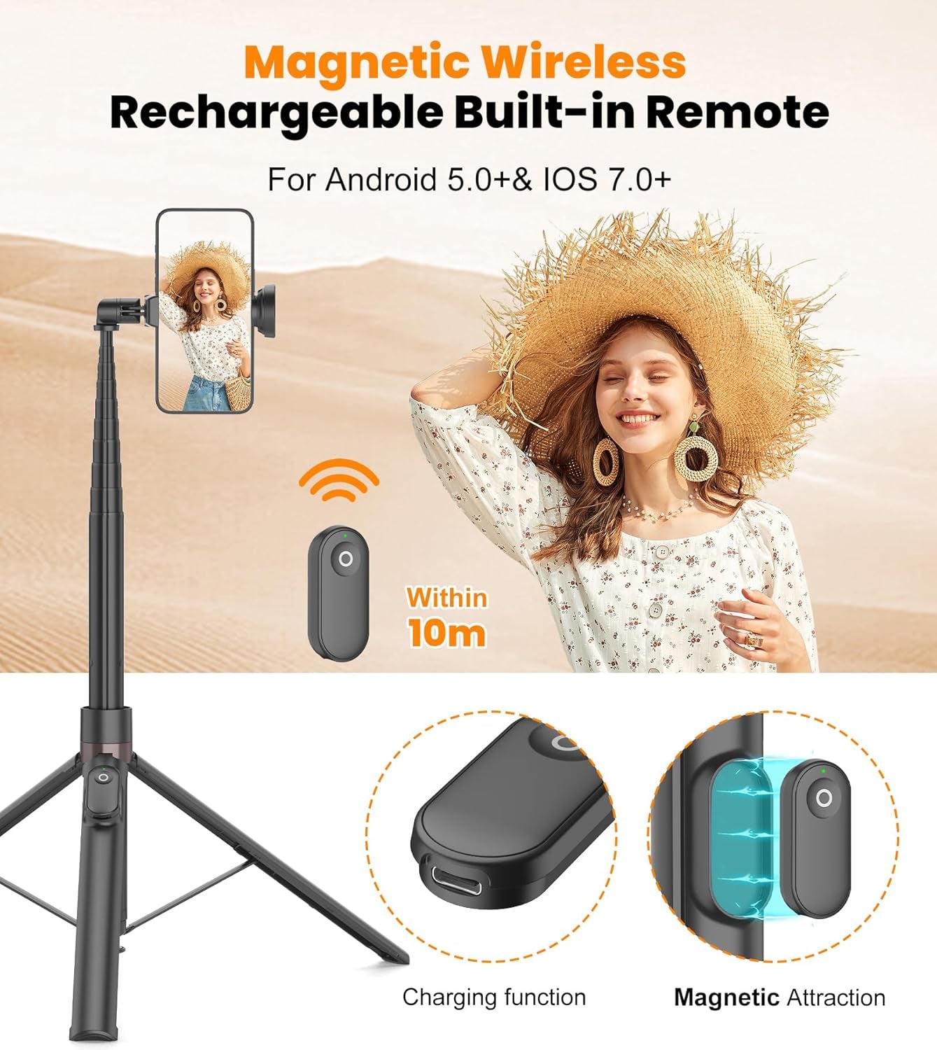 66" Automatic Phone Tripod with Magnetic Rechargable Remote,Selfie Stick 360° Vertical & Horizontal Rotatable,Stable for Iphone/Android(Black)