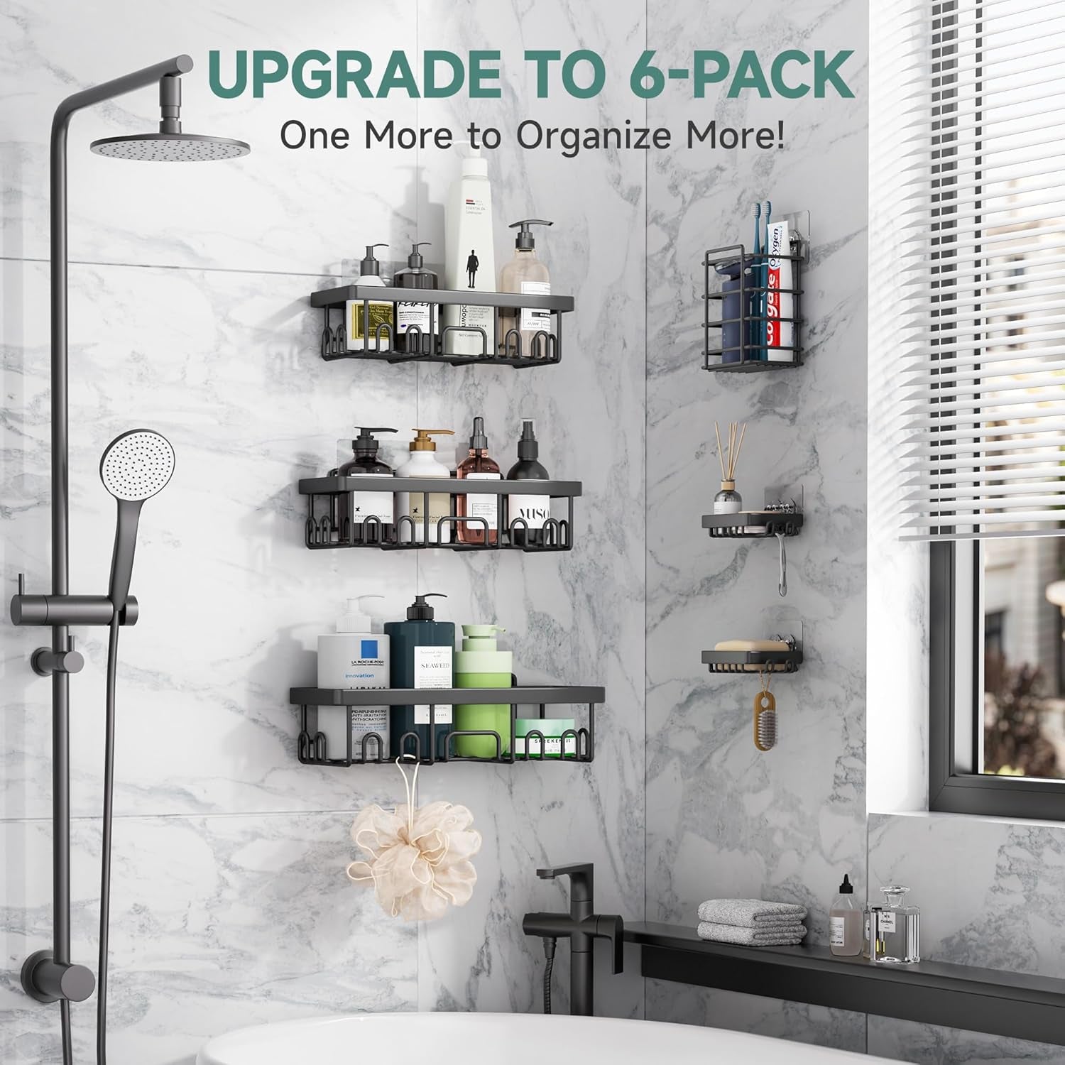 Stainless Steel Shower Caddy 6-Pack, No Drilling & Rustproof, Waterproof Adhesive Shelves Rack with Soap Holder, Large Capacity Bathroom Organizers and Storage, Wall-Mounted Kitchen & Home Decor