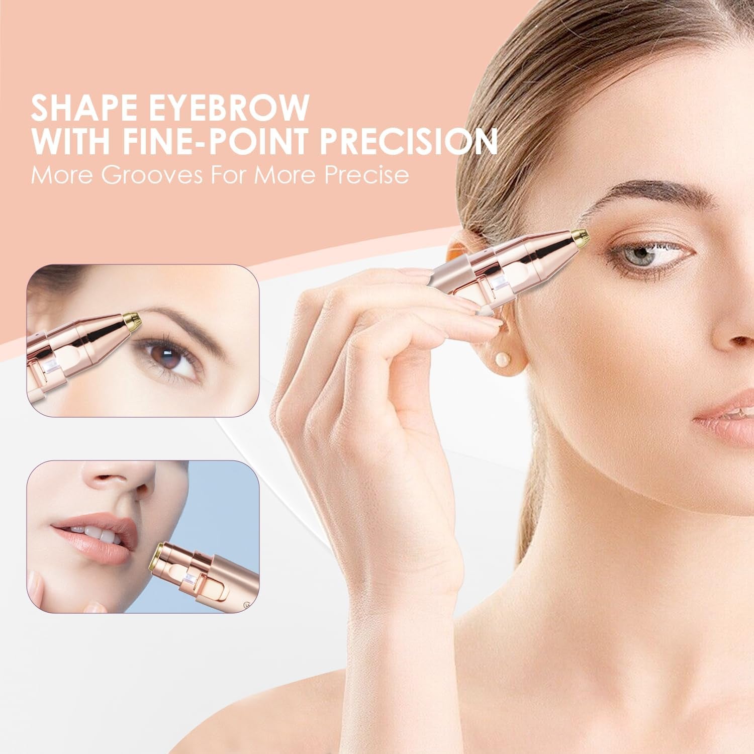 Eyebrow Facial Trimmer: 2 In1 Rechargeable Facial Hair Removal and Eyebrow Shaver - Face Lips Body Painless Facial Razor with Built-In LED Light (Rose Gold)
