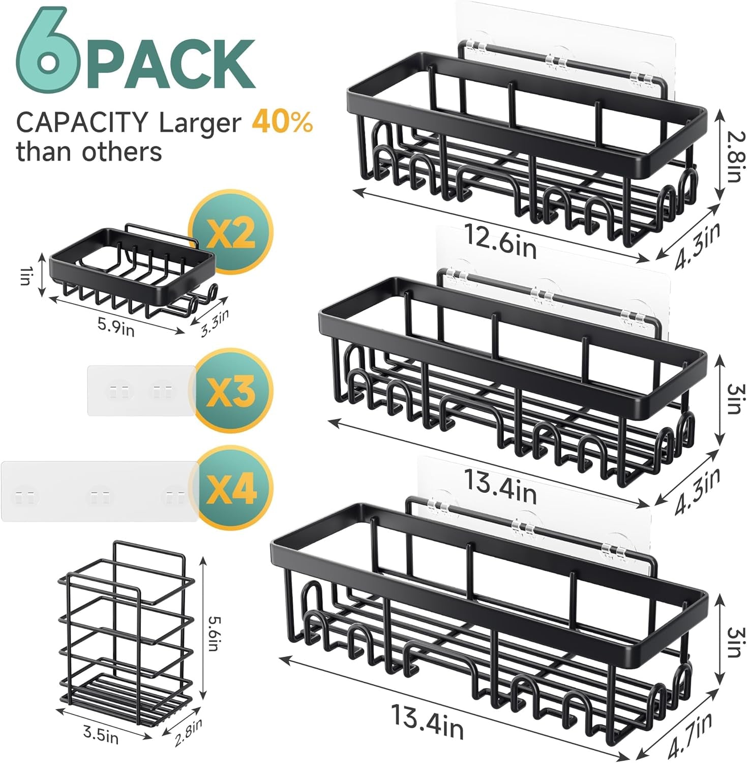 Stainless Steel Shower Caddy 6-Pack, No Drilling & Rustproof, Waterproof Adhesive Shelves Rack with Soap Holder, Large Capacity Bathroom Organizers and Storage, Wall-Mounted Kitchen & Home Decor